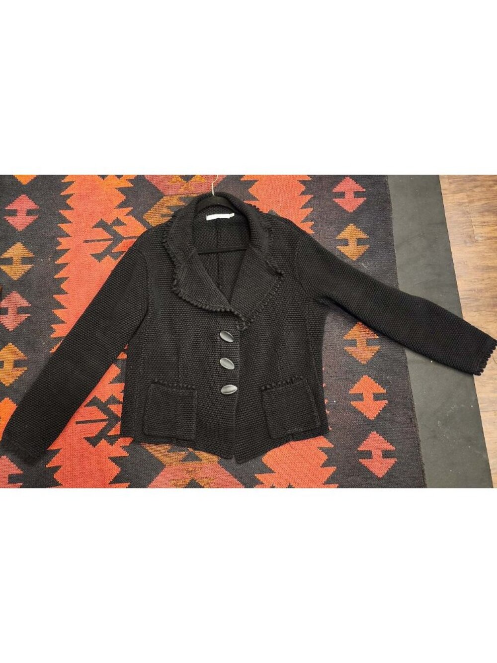 VINTAGE Willow Black Knit Jacket Button Front & Fringe Collar XL Women's Made US